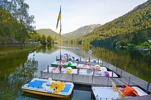 Austria, Lunz am See, pedal boats boats for rent on the Lunzer See, an idyllic lake in the Eisenwurzen mountains