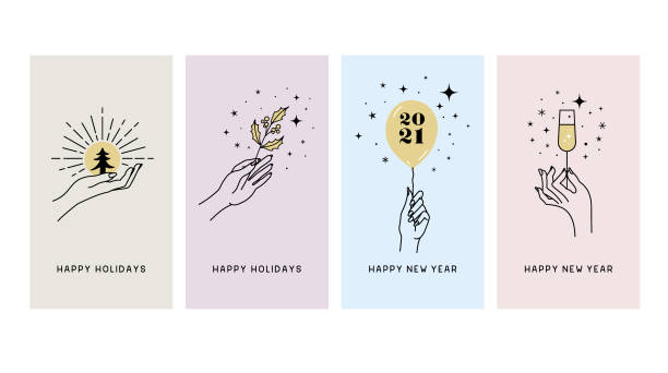 Happy holidays greeting cards Boho Christmas and New Year greeting cards.
Editable vectors on layers. champagne illustrations stock illustrations