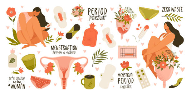 Set of menstruation, period, female uterus, reproductive system stickers. Zero waste objects. Women with flowers, panties, pads, cups, tampons, calendar, womb in cartoon vector illustration isolated. vector art illustration