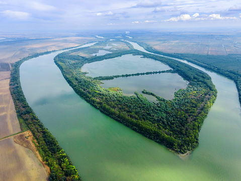 Aerial view on Tataru island, Danube river, Chilia branch Danube Delta, Izmail, Ukraine, Eastern Europe