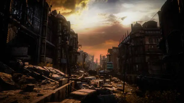 Digitally generated post apocalyptic scene depicting a desolate urban landscape with buildings in ruins and cloudy sky at dawn/dusk.

The scene was rendered with photorealistic shaders and lighting in UE4 (Unreal Engine 4.23) with some post-production added.
