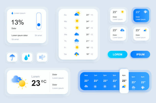 GUI elements for weather forecast mobile app. Temperature, atmospheric pressure, weather condition user interface generator. Ui ux toolkit vector illustration GUI elements for weather forecast mobile app. Temperature, atmospheric pressure, weather condition user interface generator. Ui ux toolkit vector illustration. Current and hourly forecast components. climate stock illustrations