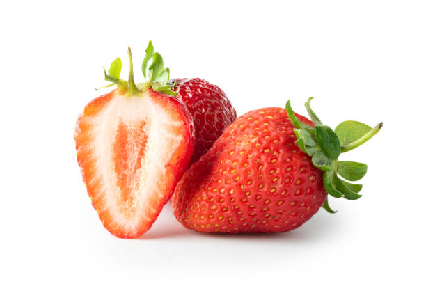 istock Three ripe strawberry fruits isolated on white background. Clipping path 1278971731
