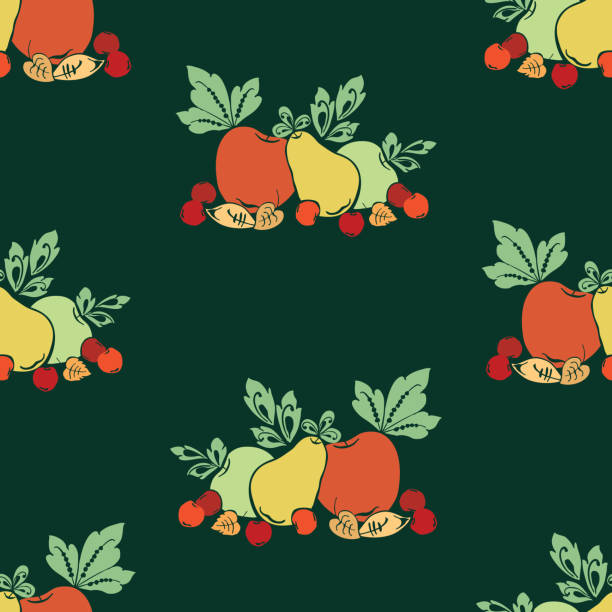 Seamless background of colorful silhouettes of ripe fruits and leaves Seamless background of colorful silhouettes of ripe fruits and leaves. green apple on green background stock illustrations