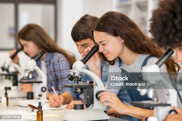 Biology Class At High School Lab Stock Photo - Download Image Now - Science, Laboratory, Student