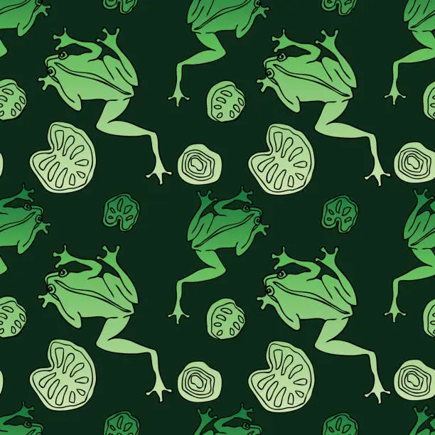 Vector illustration of Seamless pattern of drawn green frogs iand leaves