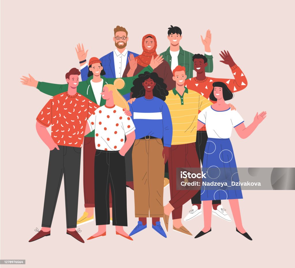 Multinational team. Vector illustration of diverse young adult people standing together  and waving their hands. Isolated on background Group Of People stock vector