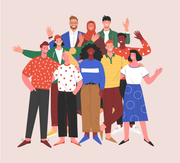 Multinational team. Vector illustration of diverse young adult people standing together  and waving their hands. Isolated on background youth culture illustrations stock illustrations