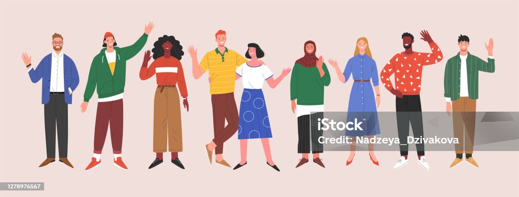Multinational team. Vector illustration of diverse young adults standing in a line and waving their hands. Isolated on background People stock vector
