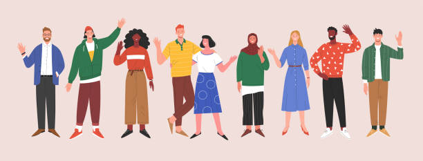 Multinational team. Vector illustration of diverse young adults standing in a line and waving their hands. Isolated on background fictional character stock illustrations