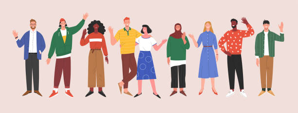 Multinational team. Vector illustration of diverse young adults standing in a line and waving their hands. Isolated on background waving stock illustrations