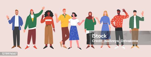 Multinational Team Stock Illustration - Download Image Now - People, Greeting, Waving - Gesture