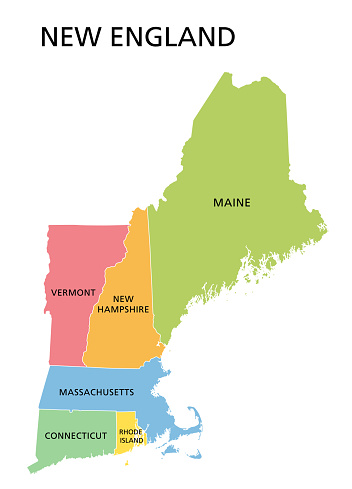 New England region, colored map. A region in the United States of America, consisting of the six states Maine, Vermont, New Hampshire, Massachusetts, Rhode Island and Connecticut. Illustration. Vector