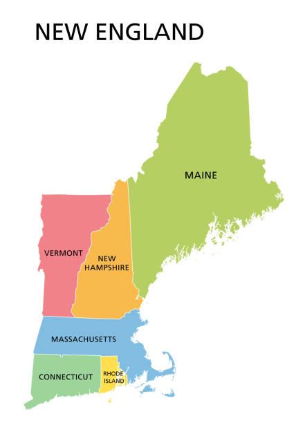 New England region, colored map, a region in the United States of America New England region, colored map. A region in the United States of America, consisting of the six states Maine, Vermont, New Hampshire, Massachusetts, Rhode Island and Connecticut. Illustration. Vector massachusetts map stock illustrations