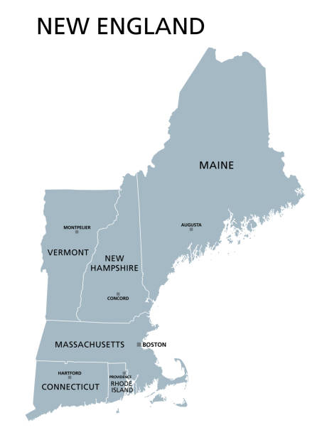 New England region of the United States of America, gray political map New England region of the United States of America, gray political map. The six states Maine, Vermont, New Hampshire, Massachusetts, Rhode Island and Connecticut with capitals. Illustration. Vector. massachusetts illustrations stock illustrations