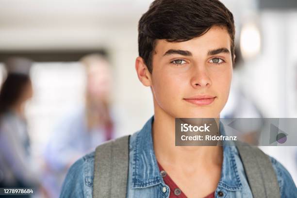 Happy Student Guy At College Stock Photo - Download Image Now - Teenage Boys, Males, Teenager