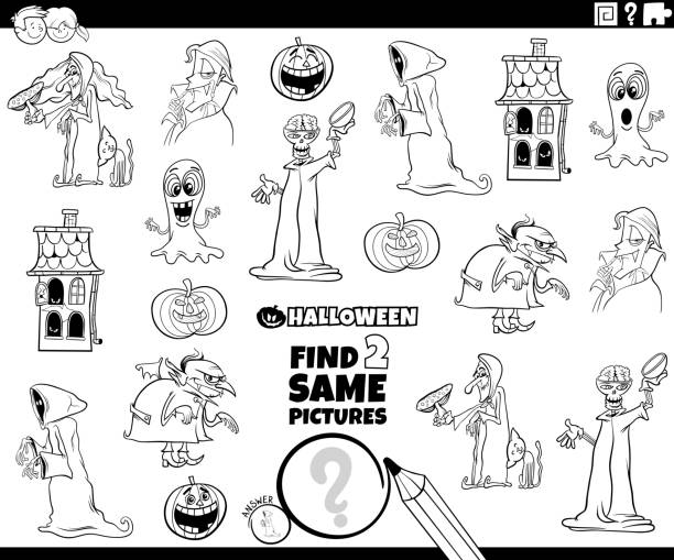 find two same Halloween characters task coloring book page Black and White Cartoon Illustration of Finding Two Same Pictures Educational Task for Kids with Halloween Characters Coloring Book Page coloring book page illlustration technique illustrations stock illustrations