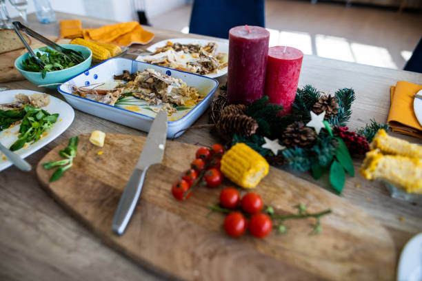Messy dining table after Christmas celebration at home