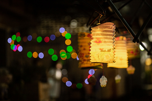 Colorful Illuminated Lanterns Hanging In Darkroom. Moon cake festival, Mid-Autumn Festival, Chinese lantern Festival
