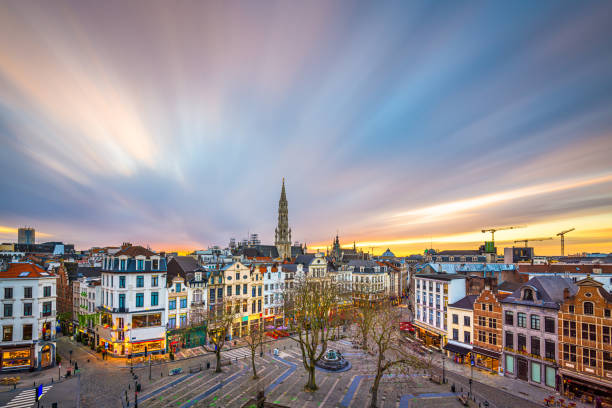 Brussels, Belgium plaza and skyline with the Town Hall Brussels, Belgium plaza and skyline with the Town Hall tower at dusk. brussels capital region photos stock pictures, royalty-free photos & images