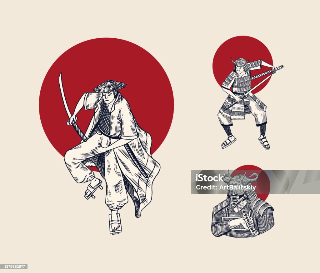 Samurai Nhật Bản Và Mặt Trời Đỏ Các Chiến Binh Với Bản Phác Thảo ...