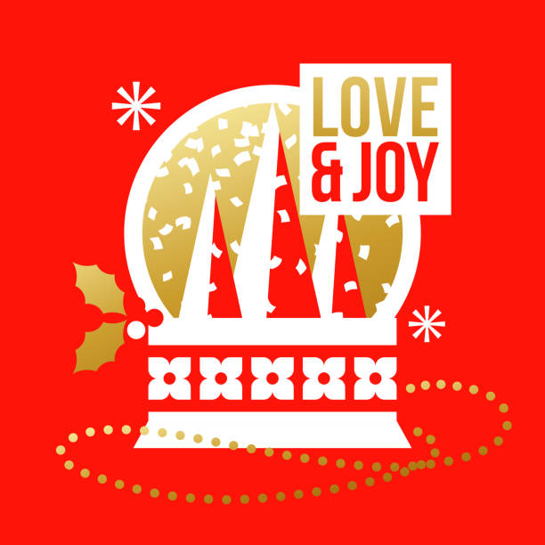 rot und gold grußkarte mit schneekugel mit weihnachtsbaum und wünsche der liebe und freude - christmas tree bead humor stock-grafiken, -clipart, -cartoons und -symbole