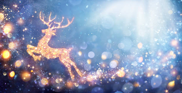 kartka świąteczna - błyszczące renifery w rozmytym błyszczącym tle - zawierają ilustracje 3d - reindeer christmas decoration gold photography zdjęcia i obrazy z banku zdjęć