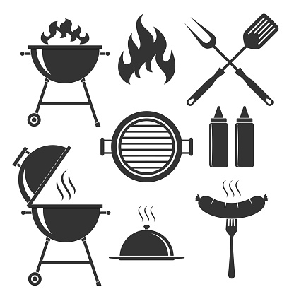 Grill or bbq set icons. Grill or barbecue symbols isolated black signs on white background. Vector illustration