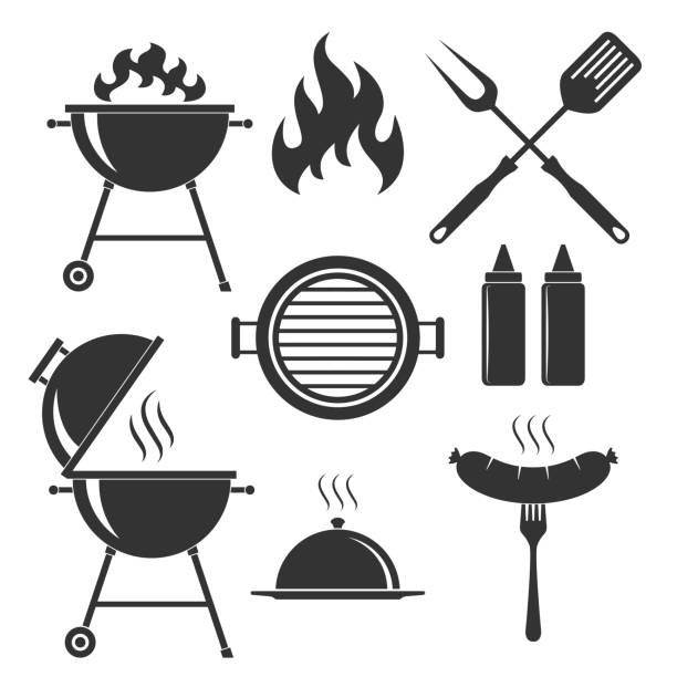 BBQ set icons Grill or bbq set icons. Grill or barbecue symbols isolated black signs on white background. Vector illustration barbecue meal illustrations stock illustrations
