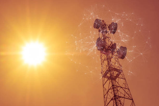 istock The sun and Telecommunication tower with mesh dots, glittering particles for wireless telecommunication technology 1278986074