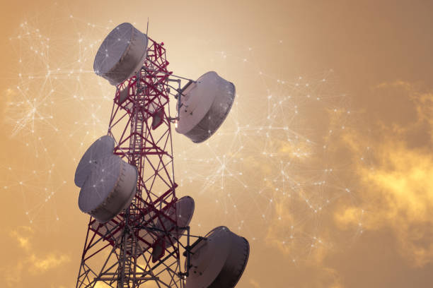istock Telecommunication tower with mesh dots, glittering particles for wireless telecommunication technology 1278986127