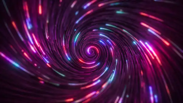 Photo of Abstract bright creative cosmic background. Hyper jump into another galaxy. Speed of light, neon glowing twisted lines in motion. Beautiful swirls, colorful vortex. Falling stars. 3d rendering
