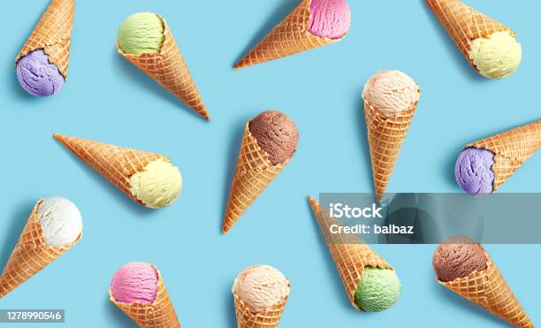 Colorful Ice Cream Pattern On Blue Background Stock Photo - Download Image Now - Ice Cream, Backgrounds, Ice Cream Cone