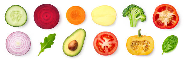 istock Set of different fresh vegetable slices isolated on white background 1278990612