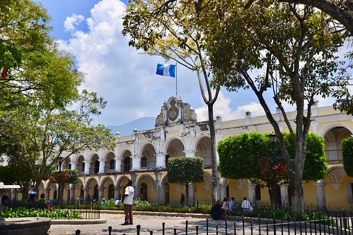 04/17/2017 Antigua Guatemala- Park and Captain General Palace in the old town square of Antigua