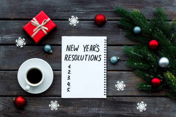 istock New Year Resolutions. Flat lay with Christmas decorations. Overhead view 1278992175