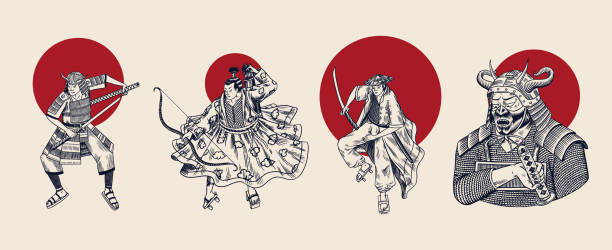 istock Japanese samurai and red sun. Warriors with weapons sketch. Men in a fight pose. Hand drawn vintage sketches. Vector illustration in monochrome style 1278993241