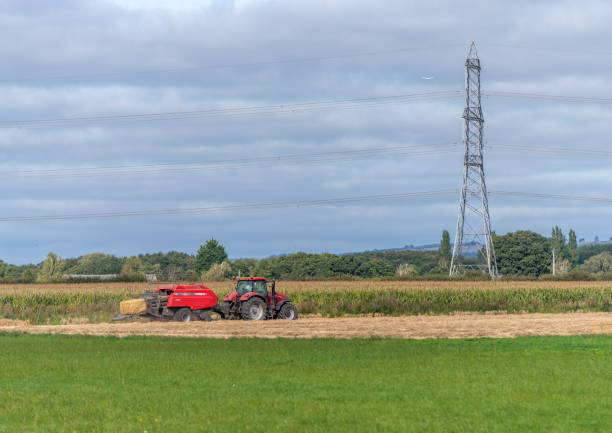 England, Yorkshire, Beilby, 20/09/2020 - Red Case Tractor baling hay with a Massey Ferguson baler in a field next to power lines