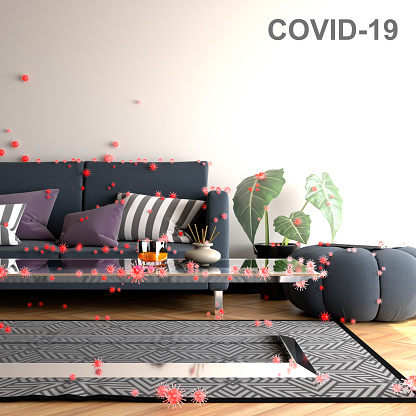 covid 19 spread over a living room with big viruses all over the room