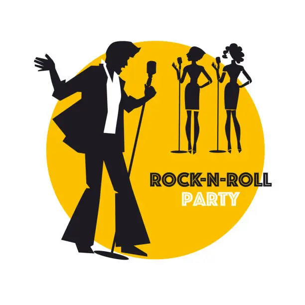 Vector illustration of Vintage rock-n-roll singer in karaoke bar