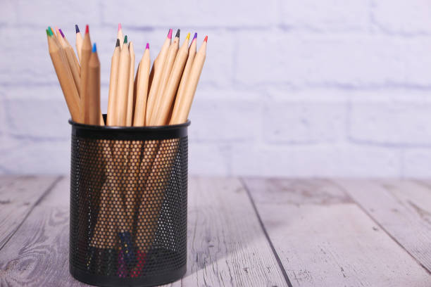istock Group of color pencils on table with copy space. 1279001434