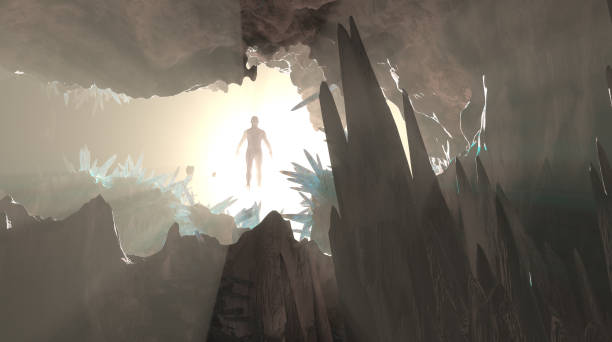 istock Sunlight into underground Cave on Stalagmites with human figure floating in sunglight - 3D Render 1279001602