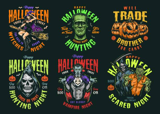 ilustrações, clipart, desenhos animados e ícones de rótulos coloridos vintage de halloween - frankenstein