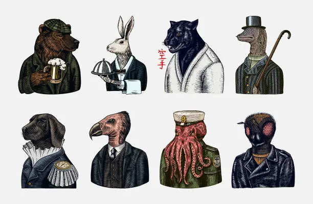 Vector illustration of Grizzly Bear with a beer mug. Octopus sailor and Hare or Rabbit waiter. Dog officer and bird. Black panther and Bee biker. Japanese text means: karate. Fashion animal character. Hand drawn sketch
