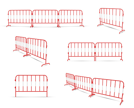 Road barrier linked by two or three elements red realistic constructions. Portable metal fence. Front, side, isometric view. Lattice railing. Work zone equipment. Vector set isolated on white.