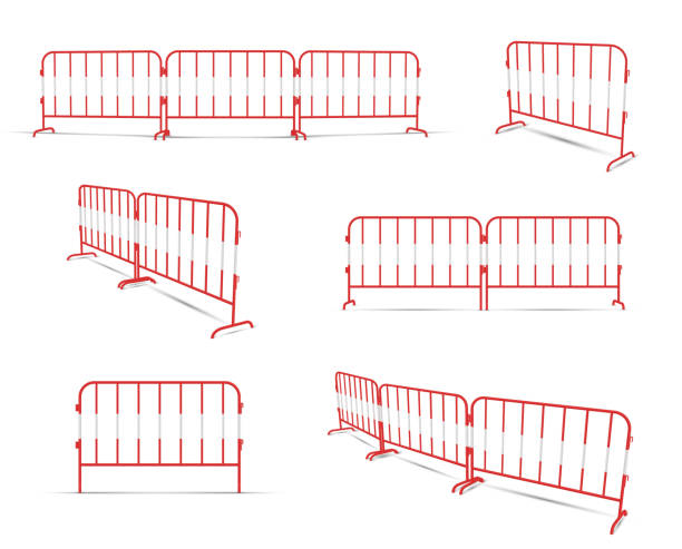 Road barrier linked by two or three elements red realistic constructions. Portable metal fence. Road barrier linked by two or three elements red realistic constructions. Portable metal fence. Front, side, isometric view. Lattice railing. Work zone equipment. Vector set isolated on white. barricade stock illustrations