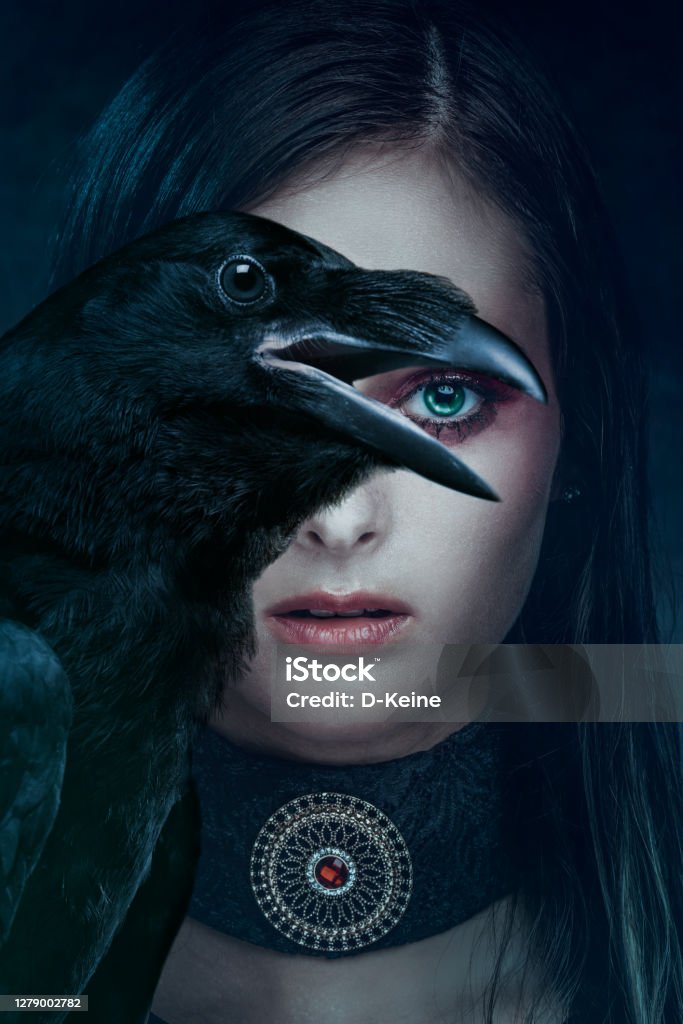 Beautiful woman Portrait of beautiful woman with crow Fantasy Stock Photo