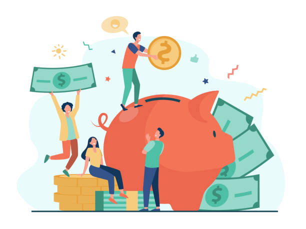 Tiny people saving money in piggy bank Tiny people saving money in piggy bank isolated flat vector illustration. Cartoon characters putting income and cash on deposit. Business, wealth and financial investment concept government funding stock illustrations