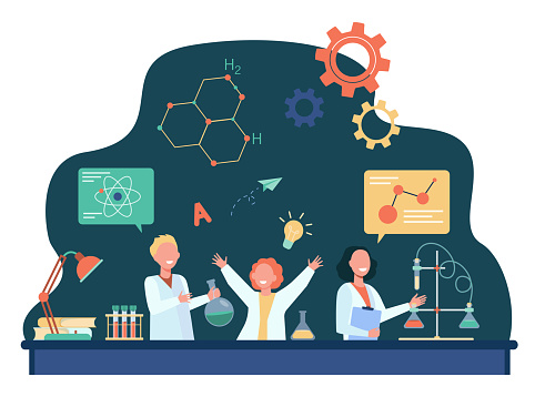 Cheerful kids learning in chemistry class flat vector illustration. Cartoon children in school science laboratory doing experiment. Education and knowledge concept