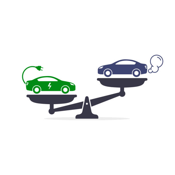 illustrazioni stock, clip art, cartoni animati e icone di tendenza di auto elettrica contro auto a benzina e diesel sulla bilancia icona vector. confronto tra auto elettrica rispettosa dell'ambiente e inquinante del gas - gasoline electricity biofuel car